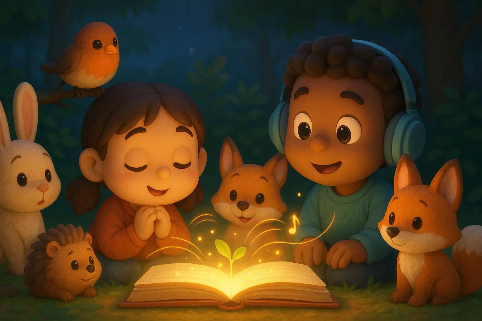 Characters gathered around storytelling light