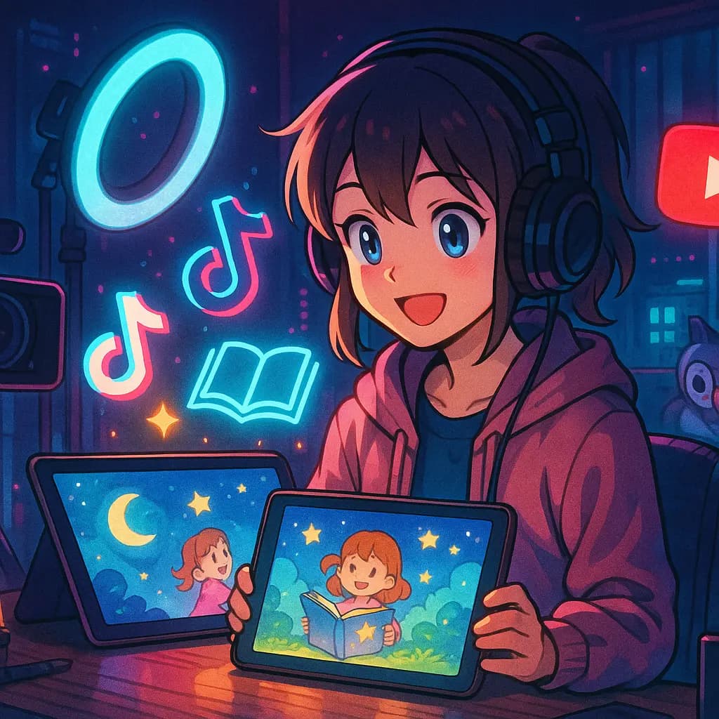 Content creator with story on tablet and floating social icons